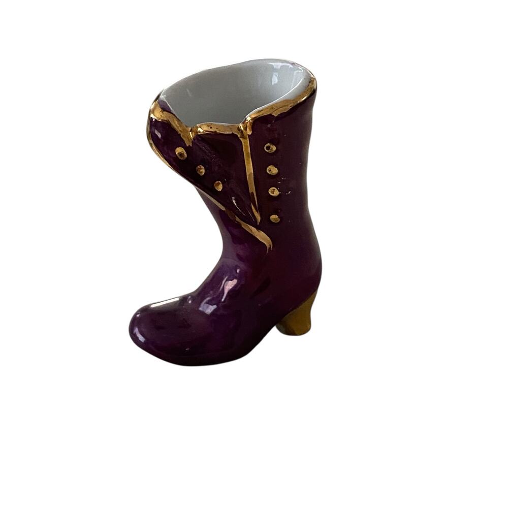 Limoges Porcelain 2" Miniature Boot Figurine With a Purple and Gold Gilt Finish